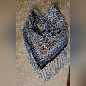 Unique Blue Print Fringed Scarf With Loop For Button Attachment